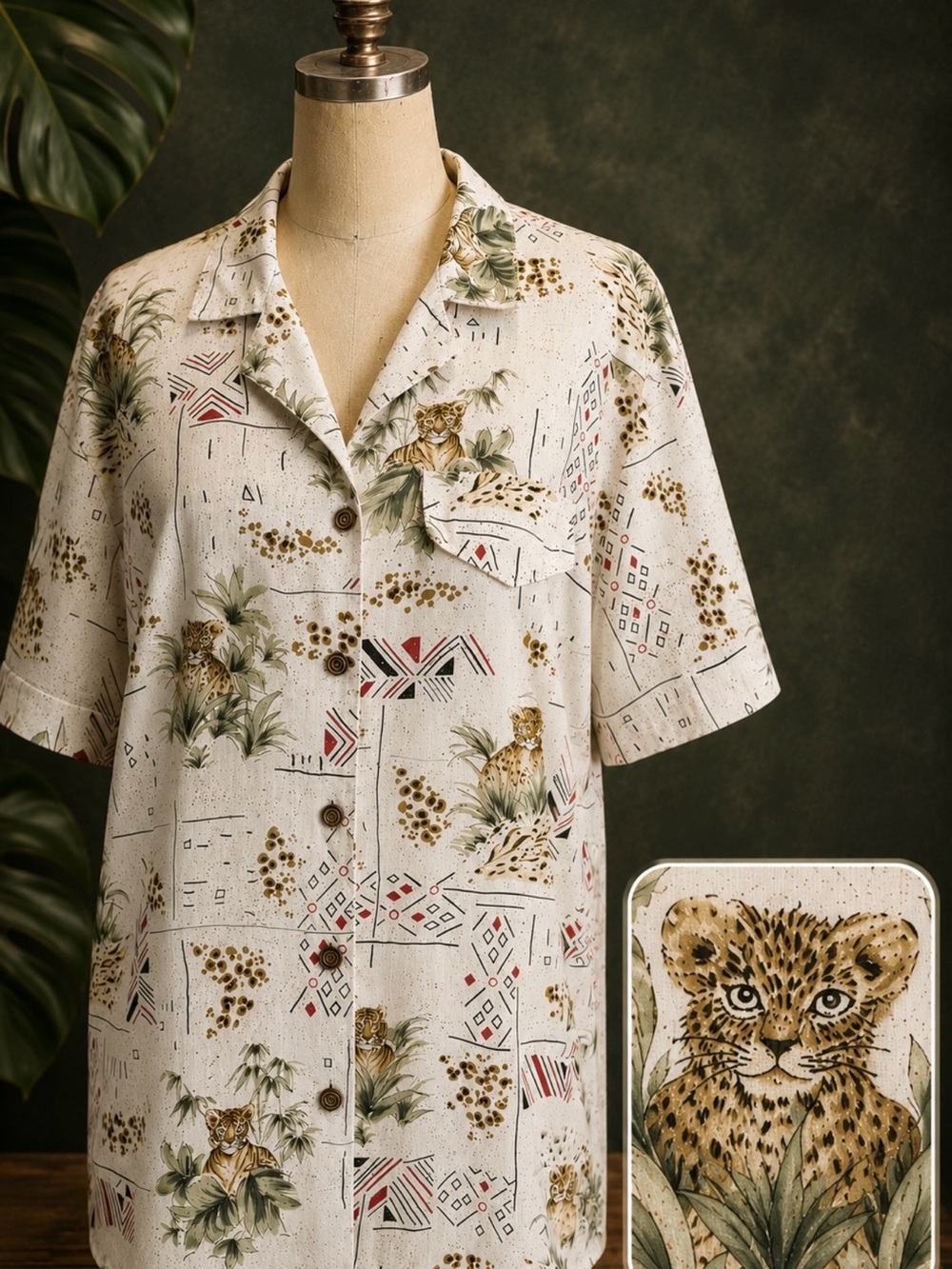 VINTAGE 80s cheetah leopard cat baby cub button down shirt short sleeve‎ safari